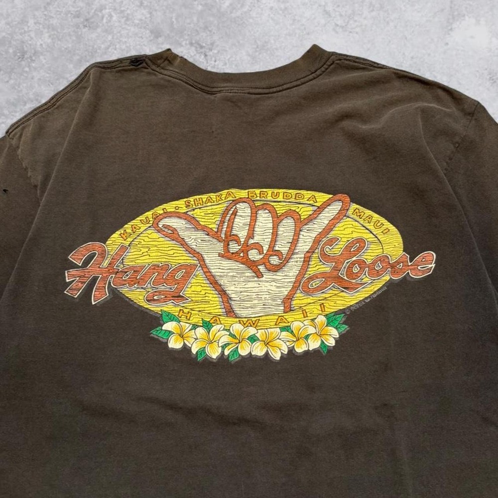 Vintage Anvil Hawaii Surf Hang Loose T-Shirt Y2K Brown Shaka Graphic Tee Mens XL